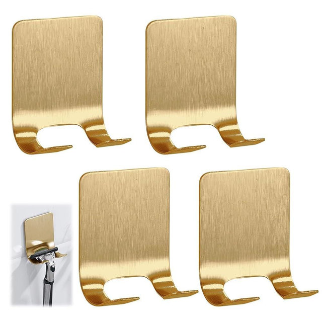 4 Pcs Gold Razor Loofah Holder for Shower Self Adhesive Waterproof Shaver Hooks Waterproof for wall Metal Heavy Duty Utility Storage Hanger Hooks Holder for Towels Accessories Kitchen Bathroom (Gold)