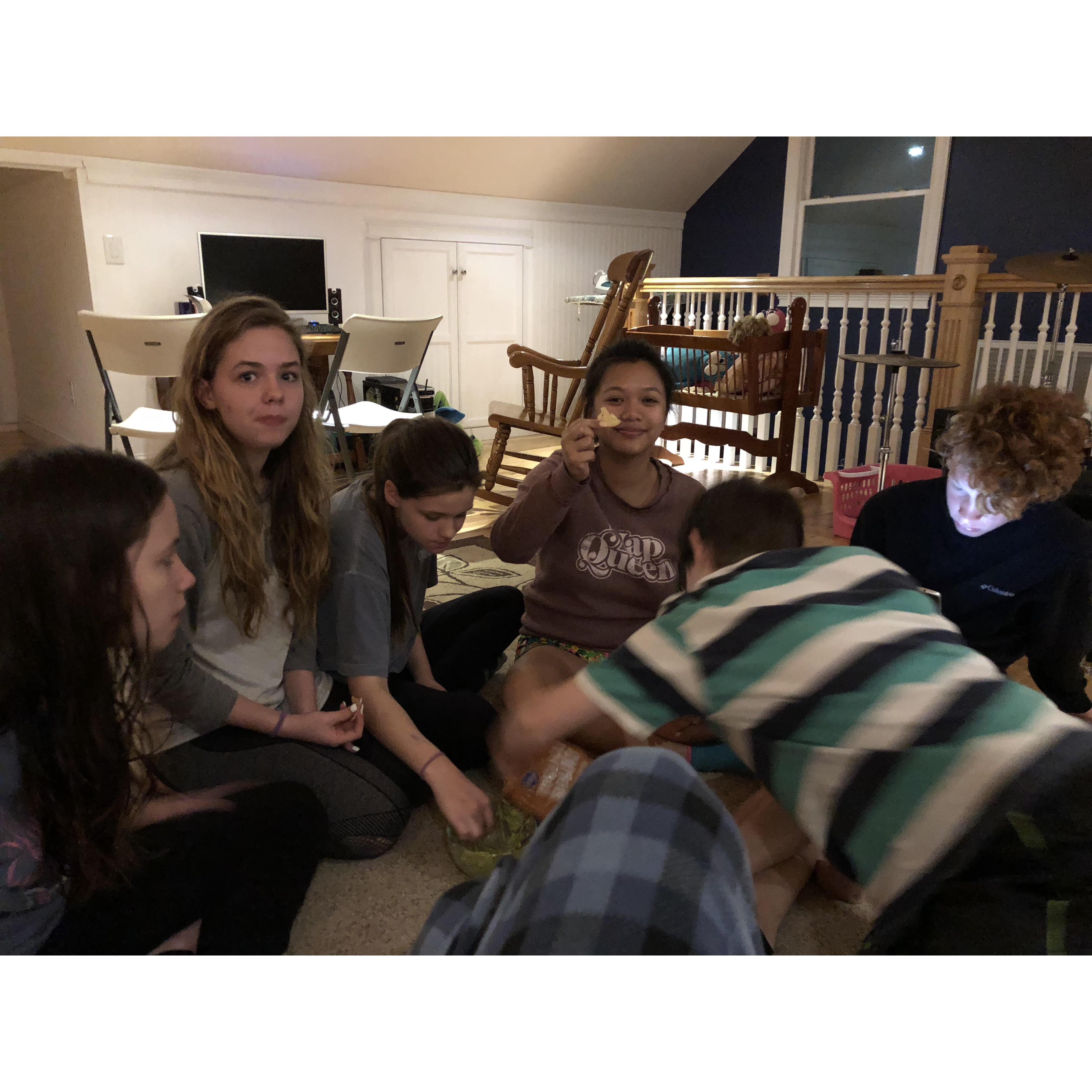 On the same Easter trip, we got to hang out with all of Hannah's family. This is a picture where we are staying up late eating guacamole.