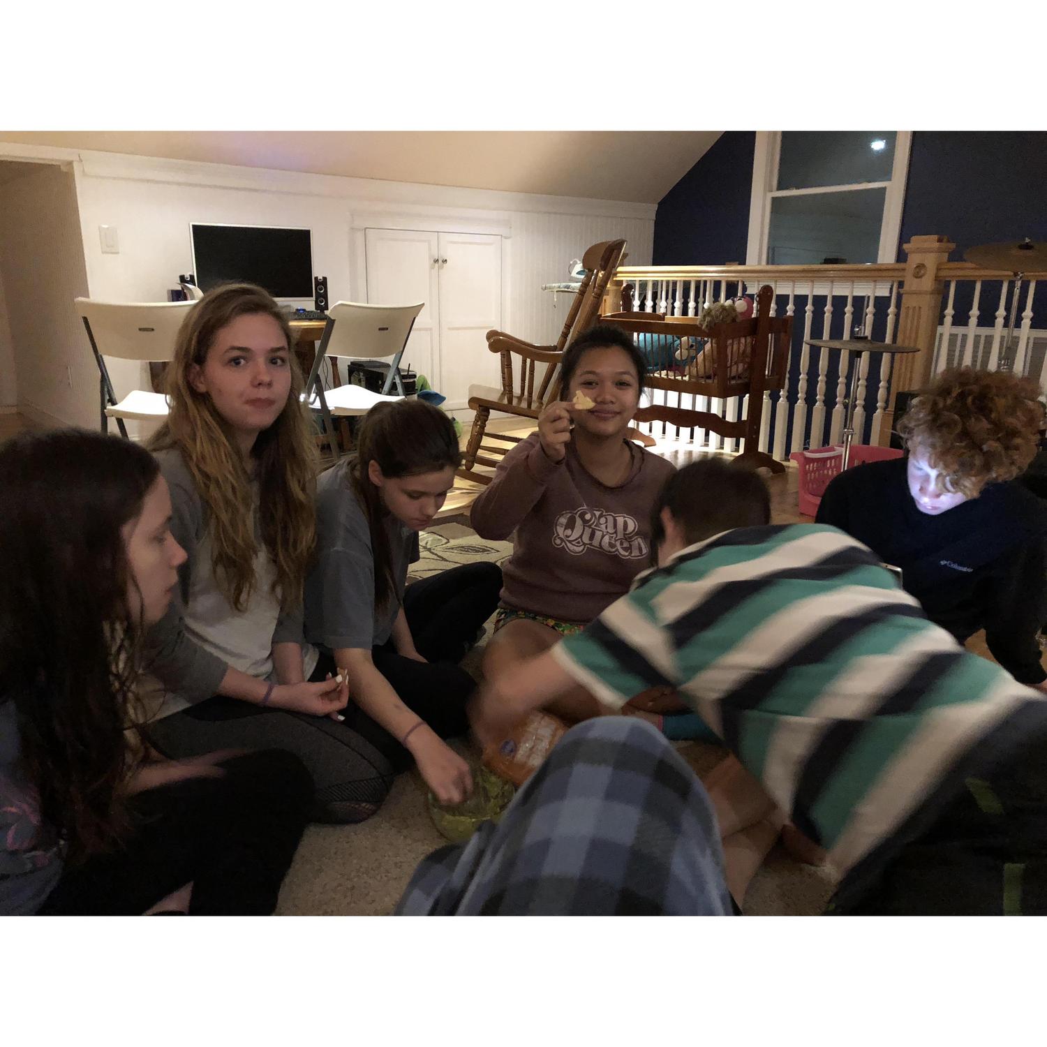 On the same Easter trip, we got to hang out with all of Hannah's family. This is a picture where we are staying up late eating guacamole.