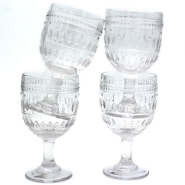 Euro Ceramica Fez Collection Drinkware and Glasses, 12oz Wine Goblet Set of 4, Teardrop Mandala Design, Clear