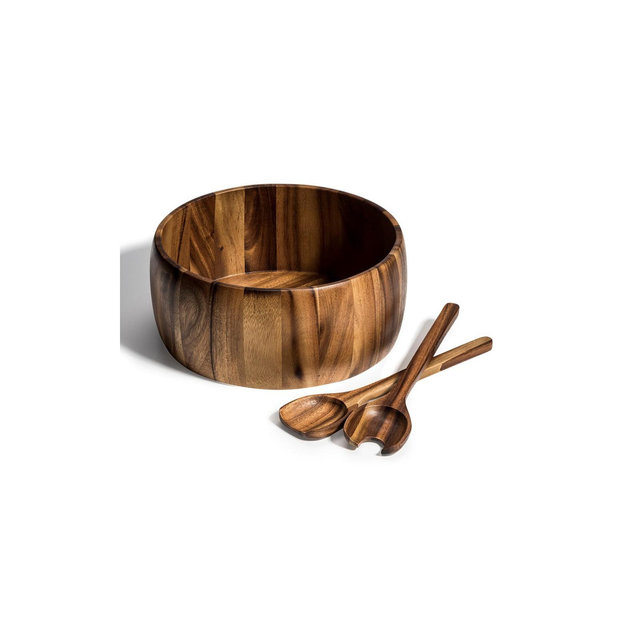 Kalmar Home Solid Acacia Wood X-Large Salad Bowl with Servers