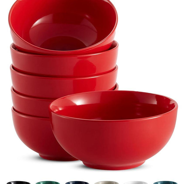 KooK Soup Bowls, Cereal Bowl, Ceramic, Bowls for Kitchen, Microwave, Dishwasher and Freezer Safe, Porcelain Dishes for Pasta, Salad, Oatmeal, Deep Interior, 20 oz, Set of 6, (Red)