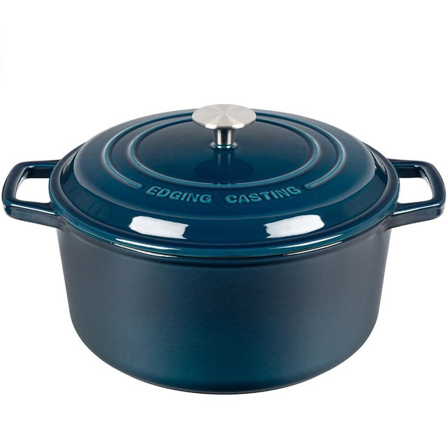 EDGING CASTING Enameled Cast Iron Dutch Oven With Lid, Round Dutch Ovens Pot Dule Handle, 6 Quart, Blue
