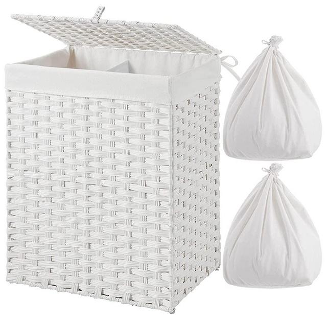 GREENSTELL Laundry Hamper with 2 Removable Liner Bags, Divided Clothes Hamper, 90L Handwoven Synthetic Rattan Laundry Basket with Lid and Handles, Foldable and Easy to Install White (18x12x24 Inches)