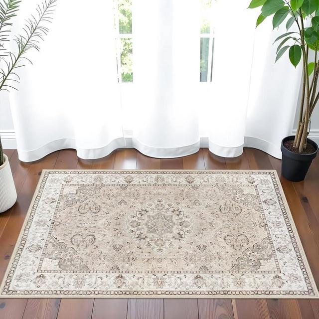 Hallway Washable Runner Rug - 2x3 Kitchen Rugs Entryway Rug Runner Vintage Soft Floor Mat Non Slip Indoor Farmhouse Carpet for Bathroom Living Room Bedroom (2 X 3, Beige)