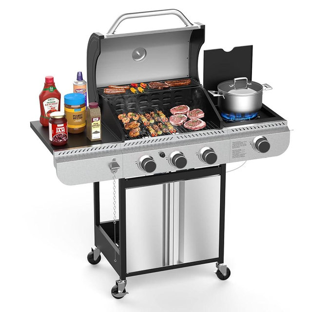 Electactic 3-Burner Propane Gas BBQ Grill with Side Burner,Stainless Steel Grill with Porcelain-Enameled Grates,37000 BTU Barbecue Grill, Suitable for Outdoor Cooking,Camping,Patio Backyard