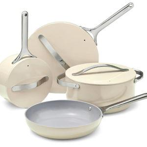 Caraway Non-stick Ceramic Cookware Set (12 Piece) Pots, Pans, Lids and Kitchen Storage - PFAS & PFOA Free - Oven Safe Pan Set & Compatible with All Stovetops - Cream