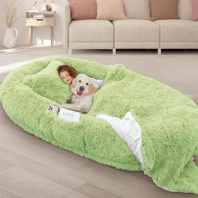 ROOMTEC Human Dog Bed, 71''x45''x12'' Size Fits Adult and Pet Washable Giant People Bed 10 CM Thick Memory Foam Large Oversize Pet Bed with Plump Pillow, Blanket, Strap - Green