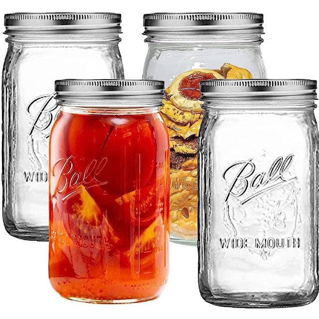 Wide Mouth Mason Jars 32 oz - (4 Pack) - Ball Wide Mouth 32-Ounces Quart Mason Jars With Airtight lids and Bands - Clear Glass Mason Jars For Storage, Canning, Fermenting, Overnight Oats, Cold Brew Coffee, Freezing + M.E.M Rubber Jar Opener Included