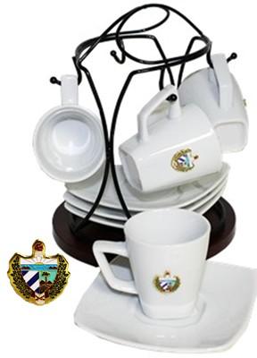 Demitasse Set with Chromed Metal Rack.Cuban Coat of Arms Metal Insert