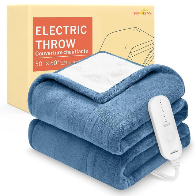 HOMLYNS LuxeHeat Heated Blanket Electric Blanket, Soft Flannel Sherpa Heated Throw, Heating Blanket with 5 Heat Settings, 3 hrs Timer Auto Shut Off (50x60 inches, Blue)