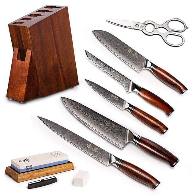YARENH Knife Set with Block 8 Piece - Professional Sharp Kitchen Chef Knife Set - 73 Layers Japanese Damascus High Carbon Stainless Steel - Full Tang Dalbergia Wood Handle - Gift Box