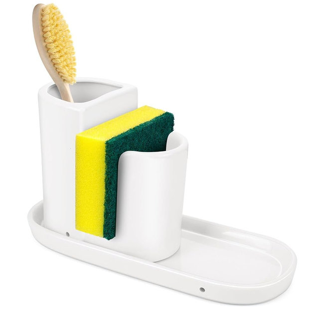 Ceramic Kitchen Sink Organizer Sponge Holder and Dish Brush Holder and Soap Tray for Kitchen Sink Organizer, White