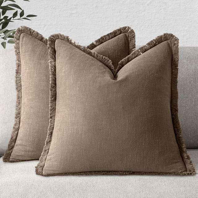 MIULEE Decorative Throw Pillow Covers Neutral Linen Fringe Throw Pillows Set of 2 Cocoa Brown Boho Farmhouse Cushion Covers for Couch Sofa Bed Living Room Spring Home Decor 22x22 Inch