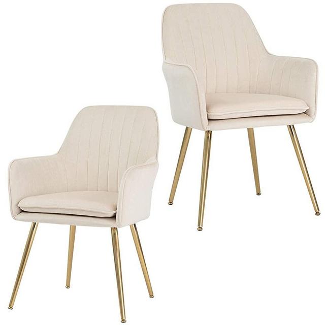 GOLDEN BEACH Velvet Dinning Chair Set of 2 Mid-Back Accent Chair Modern Leisure Armchair with Gold Plating Legs Upholstered Living Room Chair (Beige-2PCS)