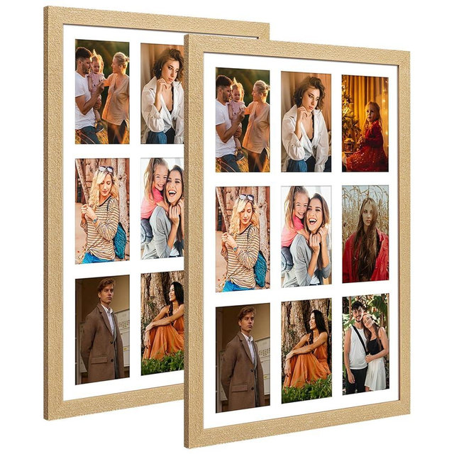 KSROECUD 13.5x19.5 Collage frame with 9 Openings 4X6 Pictures, Multiple Picture Frame with Mat, Wall or Tabletop Decor, Natural Wood Grain,2 Pack