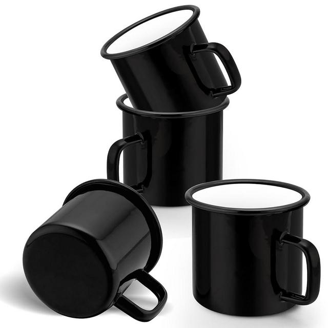 Joyfair 12oz Enamel Camping Mug Set - 4 Pcs, Black Vintage Portable Camping Coffee Cups for Outdoor Hiking Fishing Backpacking, Home Breakfast Office Drinking Mugs Serving Milk Wine Tea Oatmeal