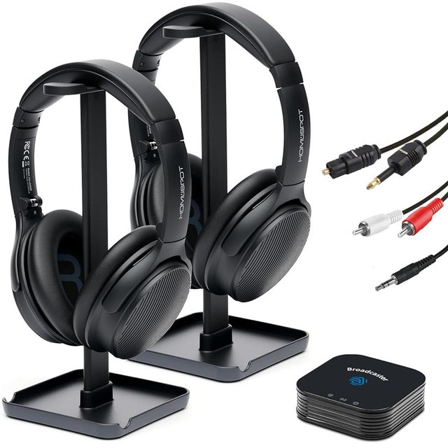 HomeSpot JM320, Auracast TV Headphones with Transmitter for AV Home Theater Movie Projector, Bluetooth 5, Seamless Switching with Mobile Tablet, LE Audio No Delay, 60 Hrs (2 Headphones Companion Pack)