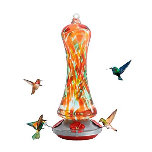 Glass Hummingbird Feeder for Outdoors: Orange Window Hanging Hummingbirds Presents for Women - Ant Moat Included, Metal Base with 4 Feeding Ports & Perch, Leak Proof, 20 fl.oz, Best Garden Decor