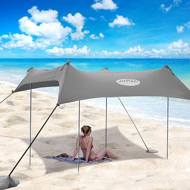 UMARDOO Family Beach Tent with 4 Aluminum Poles, Pop Up Beach Sunshade with Carrying Bag (Gray, 7X7 FT)