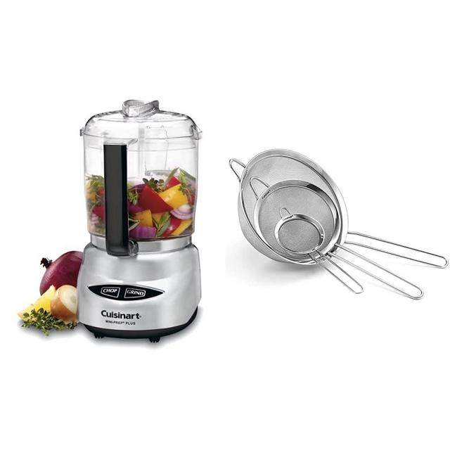 Cuisinart Mini Prep Plus Food Processor, 4 Cup, Brushed Stainless & Mesh Strainers, 3 Pack Set, CTG-00-3MS