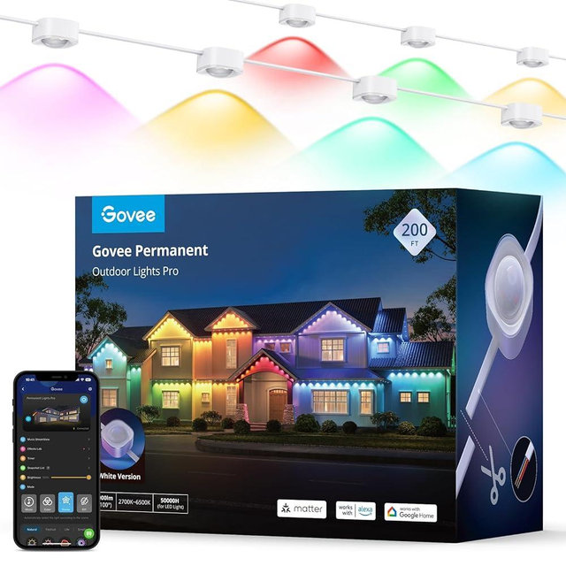 Govee Permanent Outdoor Lights Pro, 200ft with 120 RGBIC LED Lights for Daily and Accent Lighting, 75 Scene Modes for Mother's Day, IP67 Waterproof, Works with Alexa, Google Assistant, Matter, White