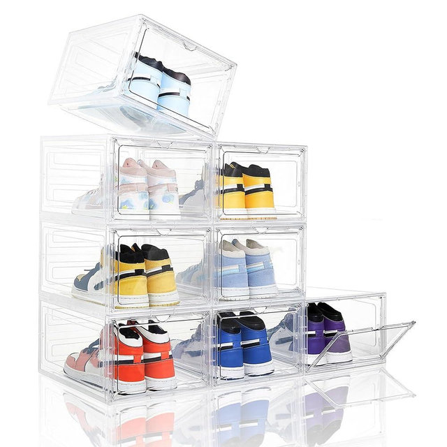 Attelite Clear Shoe Box, Plastic Stackable Shoe Storage Organizer with Magnetic Door,8 Pack Thicken Sturdy Drop Front Shoe Box,For Display Sneakers X Large