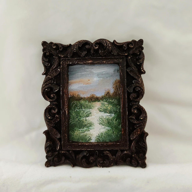 Mini framed river painting, cottagecore landscape art, decorative sunset wall art, miniature countryside oil artwork,landscape wall art