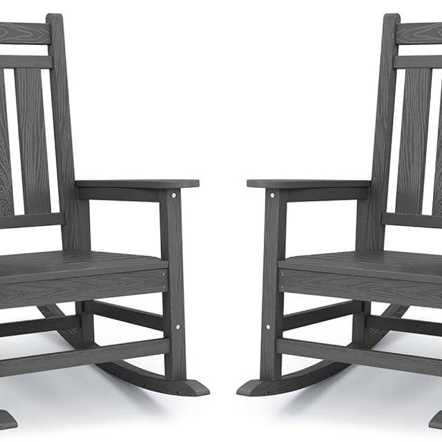 KINGYES Oversized Outdoor Rocking Chair Set of 2, All-Weather Patio Rocking Chairs for Porch, HDPE Outdoor Patio Recliner Rockers with High Back & Wide Seat for Garden, Lawn, Gray