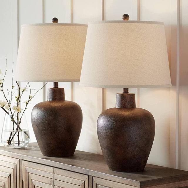 Glenn Farmhouse Rustic Southwestern Table Lamps Set of 2 Dark Terra Cotta Tapered Fabric Drum Shade Decor for Living Room Bedroom House Bedside Nightstand Home Office Family - Regency Hill
