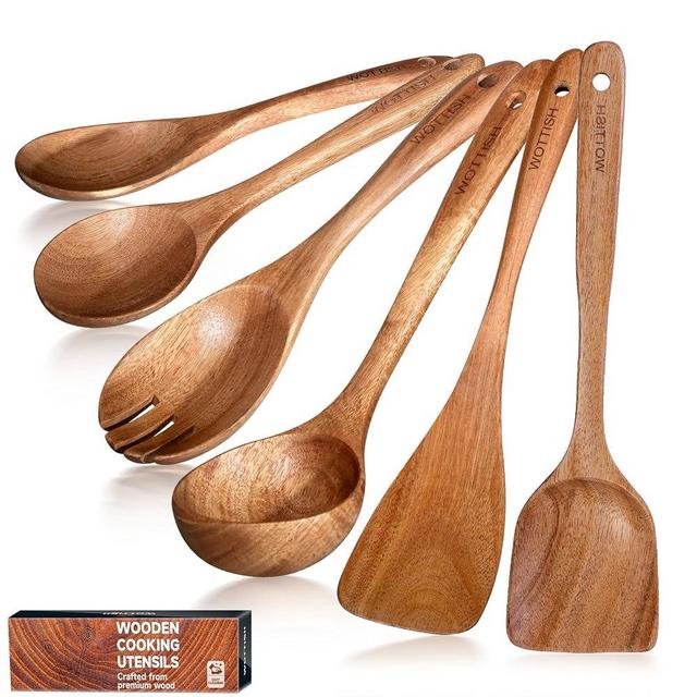 Wooden Spoons - Wooden Spoons for Cooking, Wooden Utensils for Cooking Natural Teak Wooden Kitchen Utensils Set,6-Piece Wooden Cooking Utensils(A06)