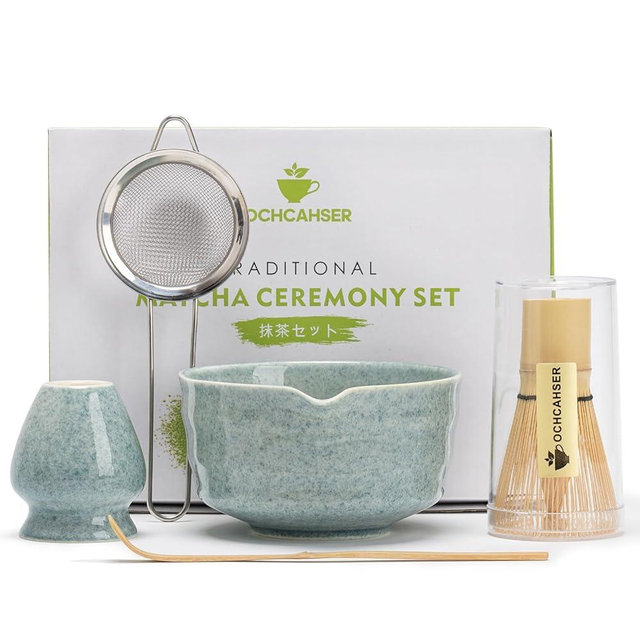 Ochcahser Matcha Set, Matcha Whisk Set Includes Matcha Bowl, Matcha Whisk Holder, Bamboo Matcha Whisk, Scoop and Matcha Sifter, 17 oz Mottled Blue Glaze Ceramic Matcha Kit for Tea Lovers