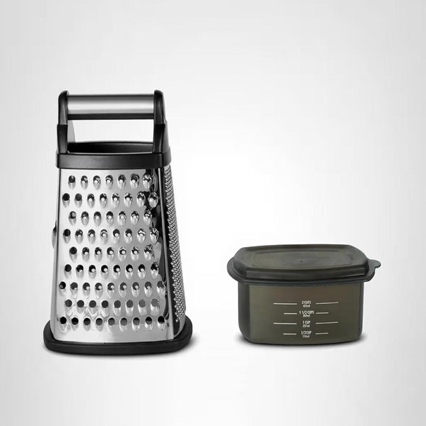 KitchenAid Gourmet 4-Sided Stainless Steel Box Grater for Fine, Medium and Coarse Grate, and Slicing, Detachable 3 Cup Storage Container and Measurment Markings, Dishwasher Safe, 10 inches tall, Black