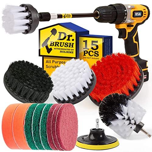 Holikme 15Piece Drill Brush Attachments Set, White Scrub Pads & Sponge, Power Scrubber Brush with Extend Long Attachment All purpose Clean for Grout, Tiles, Sinks, Bathtub, Bathroom, Kitchen & Auto