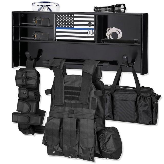 BUYYAH Police Gear Stand, Police Hanger, Tactical Duty Gear Rack with 3 Hooks, Free-Standing All Iron Frame Police Gift Decor with Flag, Black, Come Home Safe
