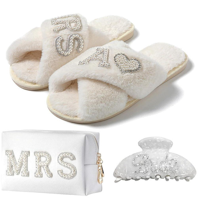 BILJOY Personalized Initial Bridal Shower Gifts Box Set, Bride Slippers MRS Cosmetic Bag Bride Hair Clip Wedding Gifts for Bride, Bride to be Gifts Bachelorette Gifts
