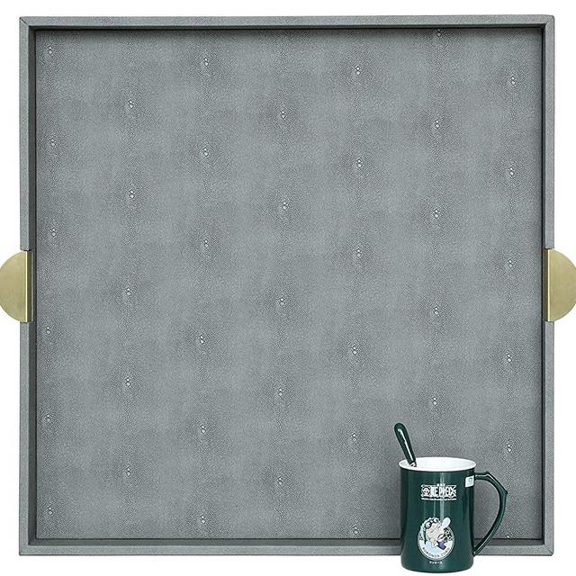 HofferRuffer Extra Large Square Serving Tray, Elegant Faux Leather Ottoman Tray with Gold Hardware Handles, Serve Tea, Coffee or Breakfast in Bed, 23.6 x 23.6 inches (Large Square)