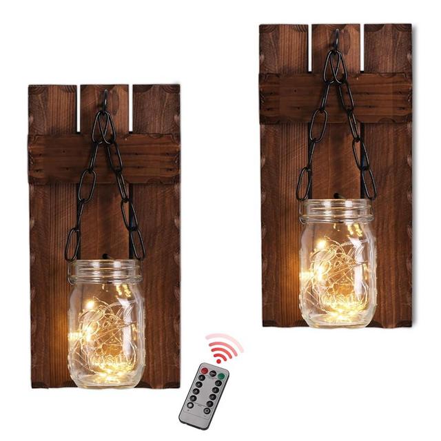 MANOKVENT Farmhouse Wall Sconces Decor, Rustic Wall Decor, Wall Candle Holder Hanging Decor with Lights, Wall Decorations for Living Room, Bathroom,Wall sconces Set of Two (Brown with Remote)