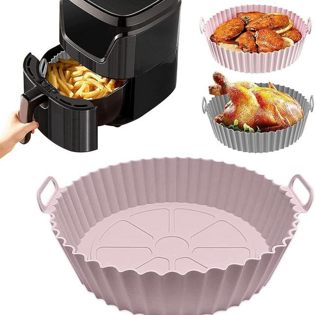 Fuzzy 3in 1 Air Fryer Silicone Liners + 1 BRUSH Food Safe Non Stick Air fryers Basket Oven Accessories, Reusable Replacement of Flammable Parchment Liner Paper Fits 3QT - 5QT Air Fryer (PINK/Gray)