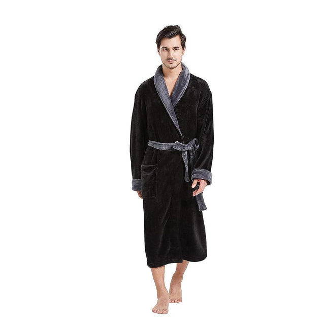 FashGudim Mens Robe Plush Robes for Men Warm Soft Fleece Bathrobe Calf Length Shawl Collar Short House Robes with Pockets