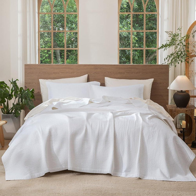 MooMee Stripe Stitch Quilt Set 100% Washed Cotton Coverlet Bedspread Linen Like with Cotton Batting Fill Soft Breathable Lightweight for All Seasons (Bright White, Queen)