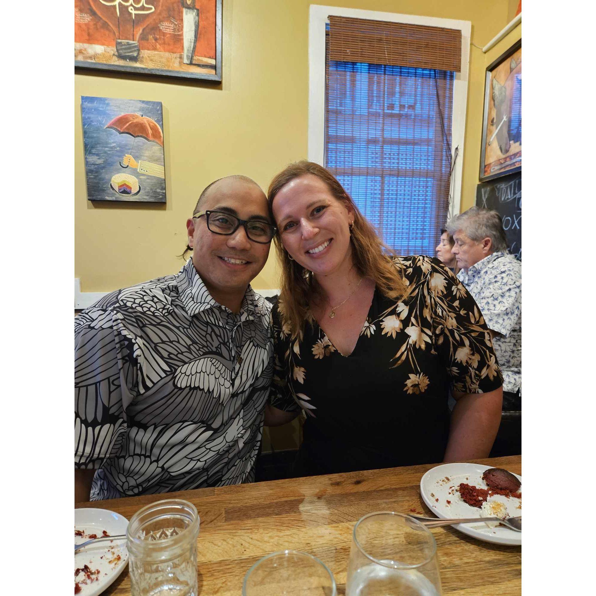 Celebrating Mark’s birthday at R Kitchen. They cook the meal right then and there, it’s always a surprise featuring seasonal and local foods. Great restaurant in Charleston!