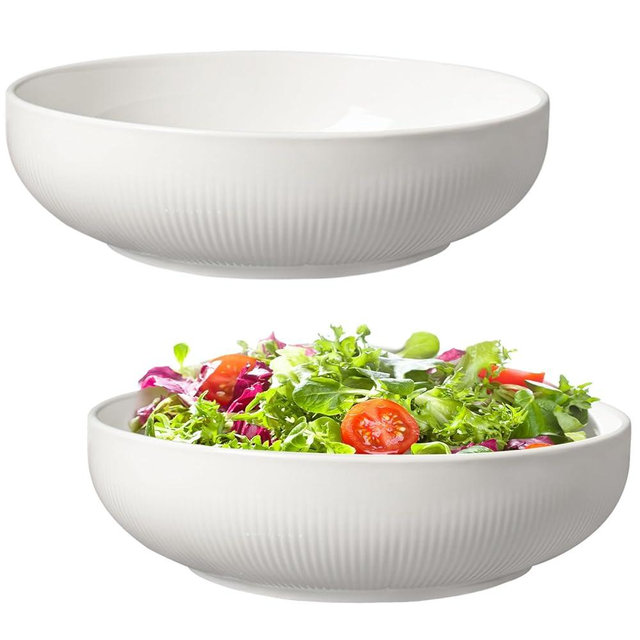 ATRDTO Set of 2 Serving Bowls- 9inch Extra Large Salad Bowls -Porcelain White Serving Bowls for Salad Soup Pasta and Dinner-Large Ceramic Bowl Set for Entertaining