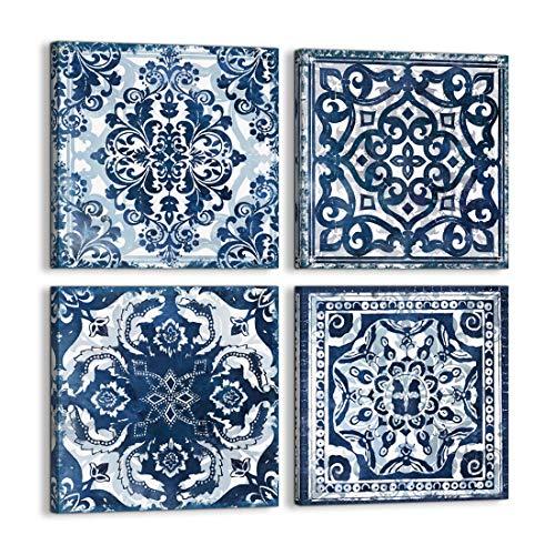 Bedroom Decor Canvas Wall Art Indigo Flower Pattern Prints Bathroom Abstract Pictures Modern Navy Framed Wall Decor Artwork for Walls Hang for Bedroom 4 Pieces Wall Decoration Size 14x14 Each Panel