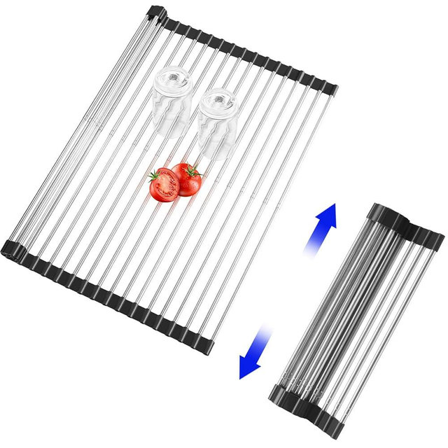 CLNGAI Roll Up Dish Drying Rack, Expandable Over The Sink Dish Drainer,Stainless Steel Kitchen Rolling Sink Rack Space Saving Dish Mat, Length Up to 22.3" (Black, Large Expandable)