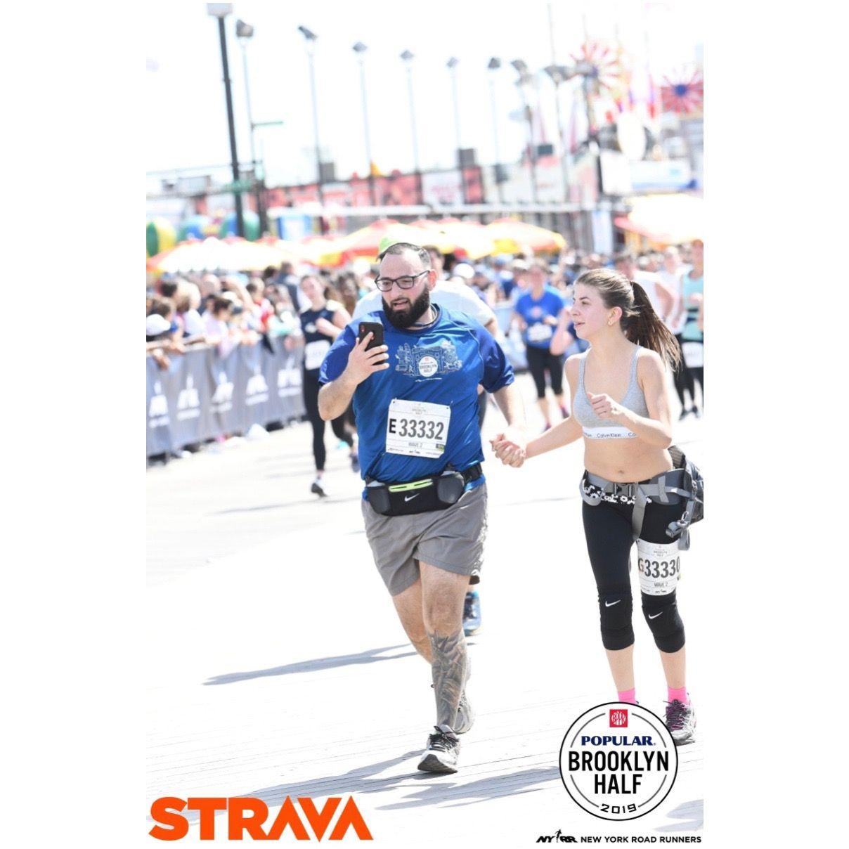 About to be at the finish line of our Half-Marathon