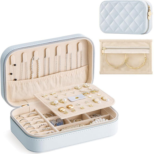 Lolalet Travel Jewelry Case for Women Girls, Travel Jewelry Organizer with Clear Storage Bag Small Portable Jewelry Box for Necklace Bracelet Earring Ring Valentines Bridesmaid Gifts -Medium/Blue