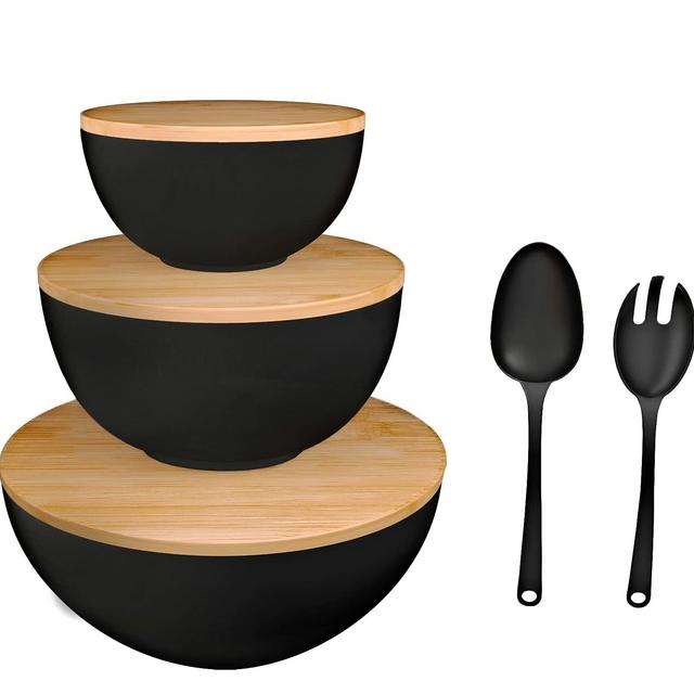 Salad Bowls with Lids, Bamboo Fiber Serving Bowls with Cutting Board Lids - Set of 3 - Nesting Bowls for Serving Storing Fruits, Veggies More, Mixing Bowls with Lids Serving Utensils by LovaHome