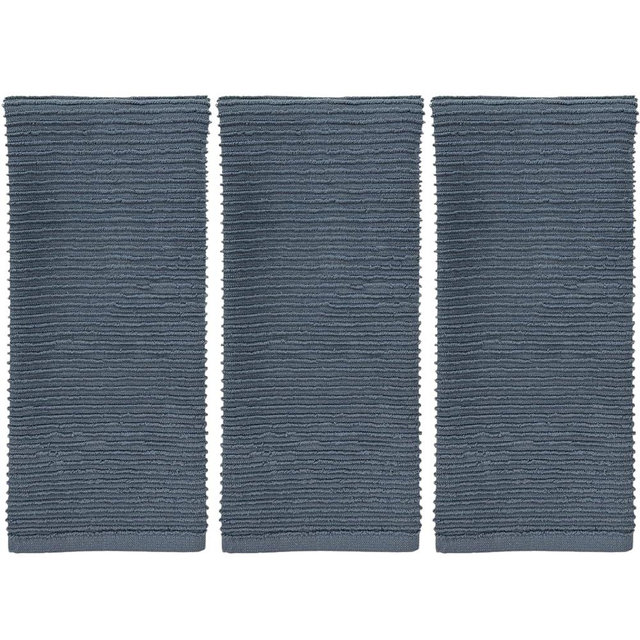 Serafina Home Slate Blue Gray Grey Kitchen Hand Dish Towels: Oversized 28" x 18", 100% Cotton Cloth Soft Cleaning Drying Absorbent Ribbed Design, Set of 3 Multipurpose for Everyday Use