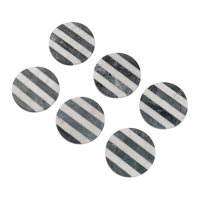 GoCraft Marble Round Coasters | Handcrafted Beautiful Coaster with Striped Inlay for Drinks, Beverages & Wine/Bar Glasses (Set of 6) (White & Green)